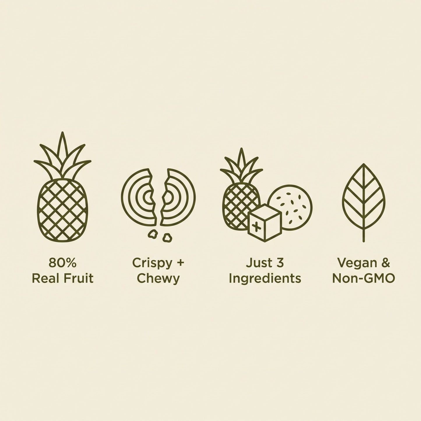 80% real fruit, crispy and chewy, 3 ingredients, vegan and non-GMO