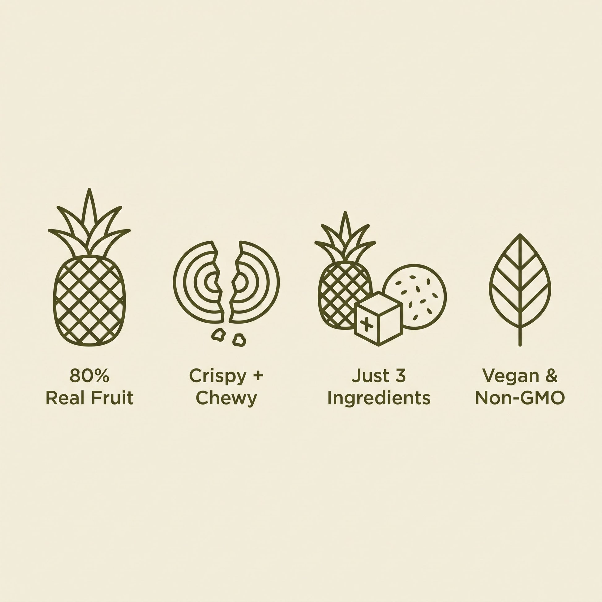 80% real fruit, crispy and chewy, 3 ingredients, vegan and non-GMO