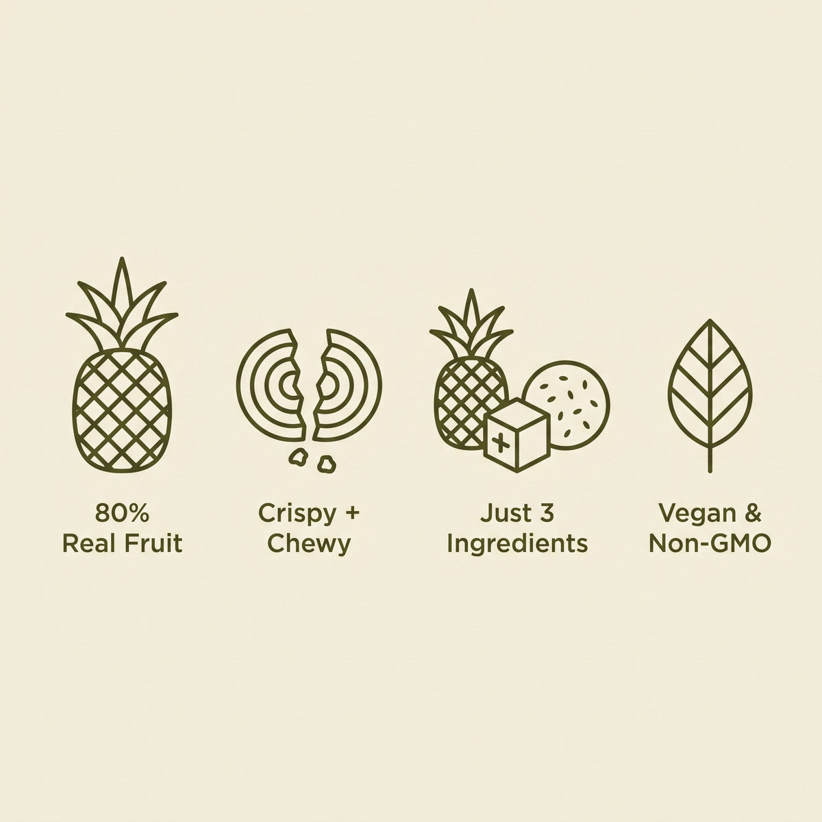 80% real fruit, crispy and chewy, 3 ingredients, vegan and non-GMO