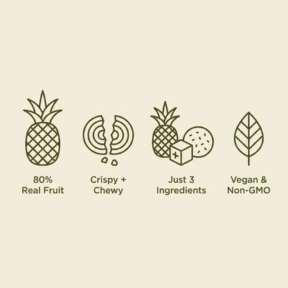 80% real fruit, crispy and chewy, 3 ingredients, vegan and non-GMO