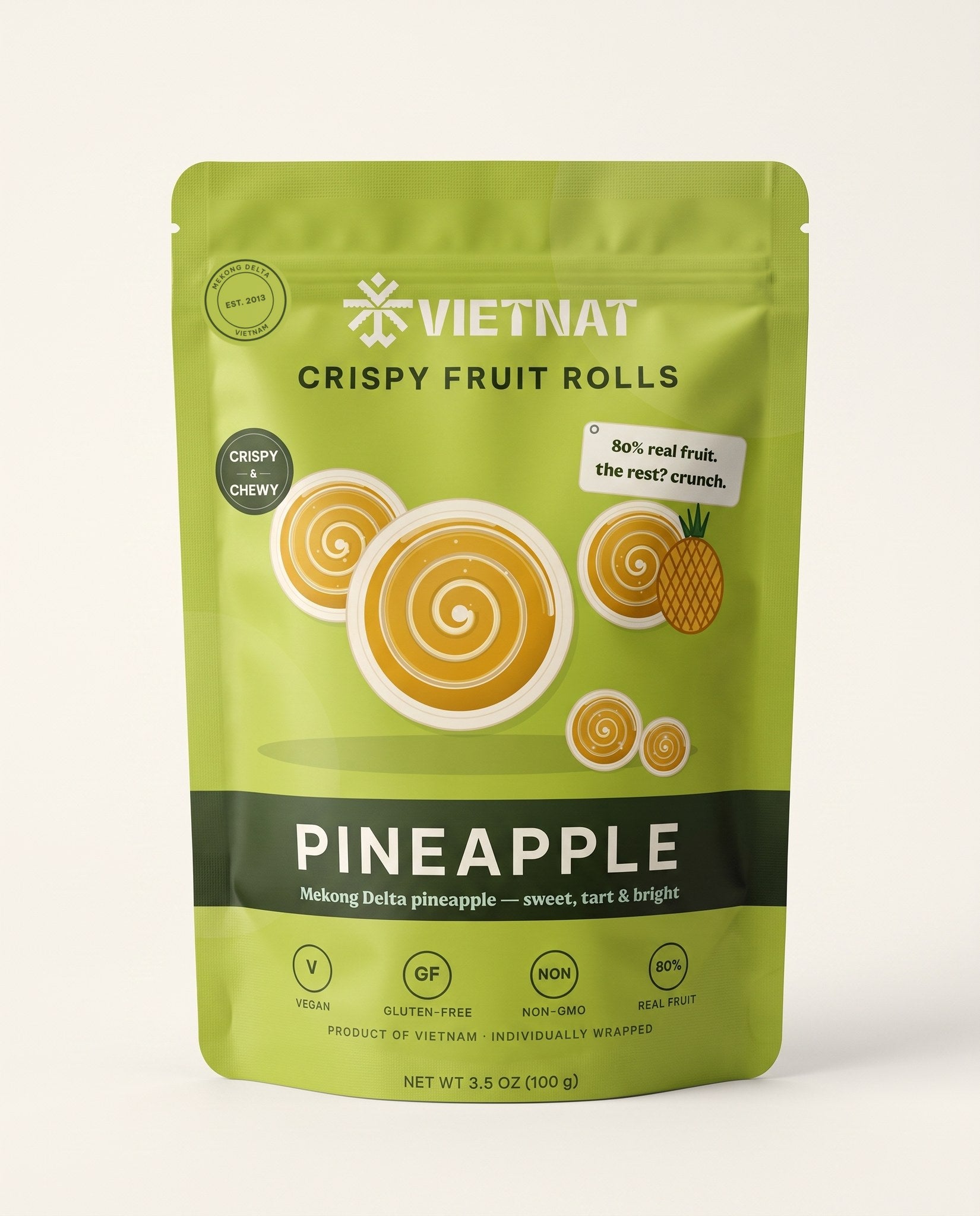 VietNat Crispy Pineapple Fruit Rolls 3.5 oz pouch, front