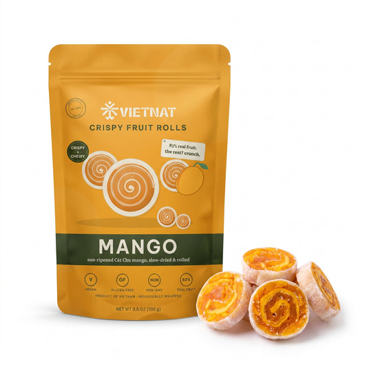VietNat Crispy Mango Fruit Rolls pouch with four bite-size mango rolls