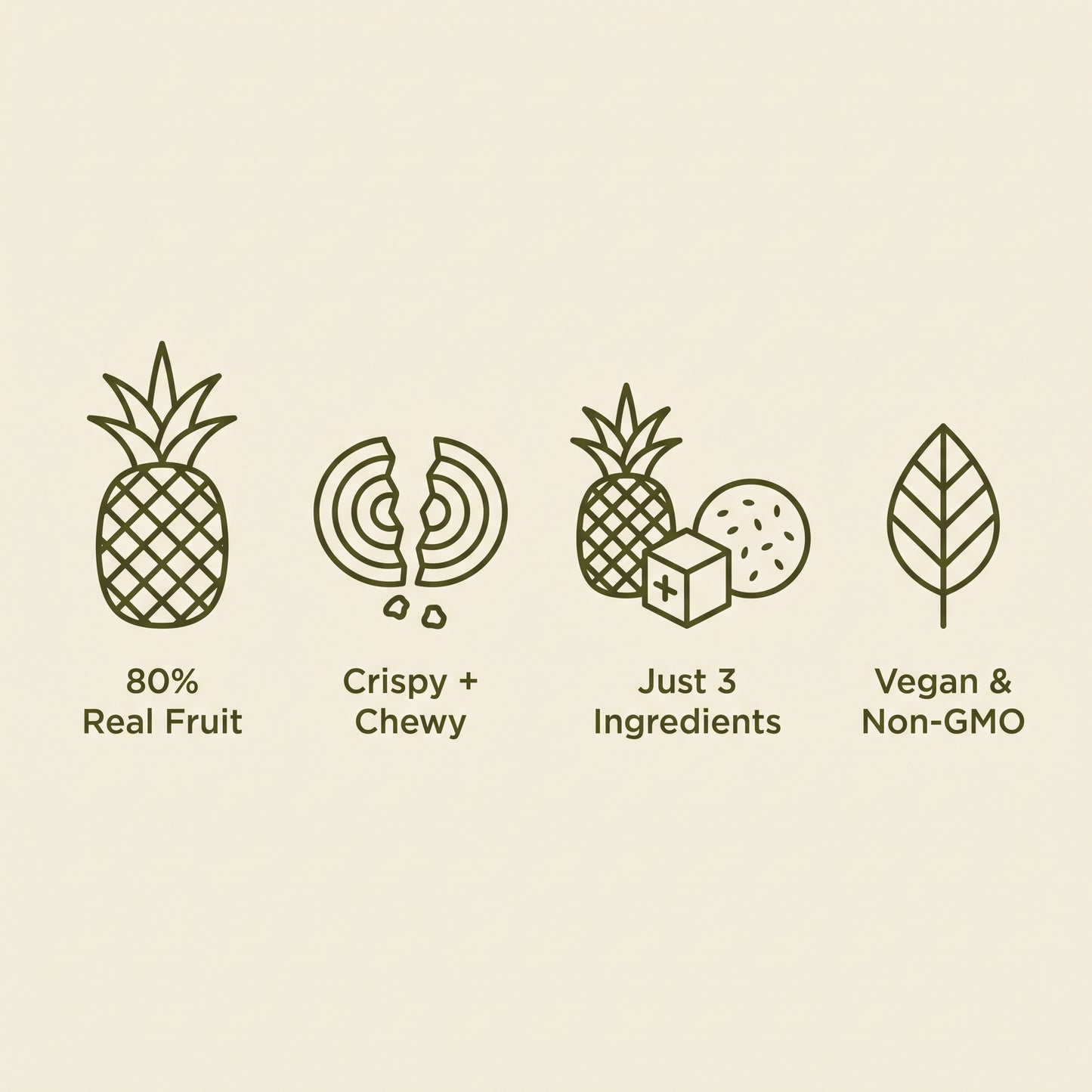 80% real fruit, crispy and chewy, just 3 ingredients, vegan and non-GMO