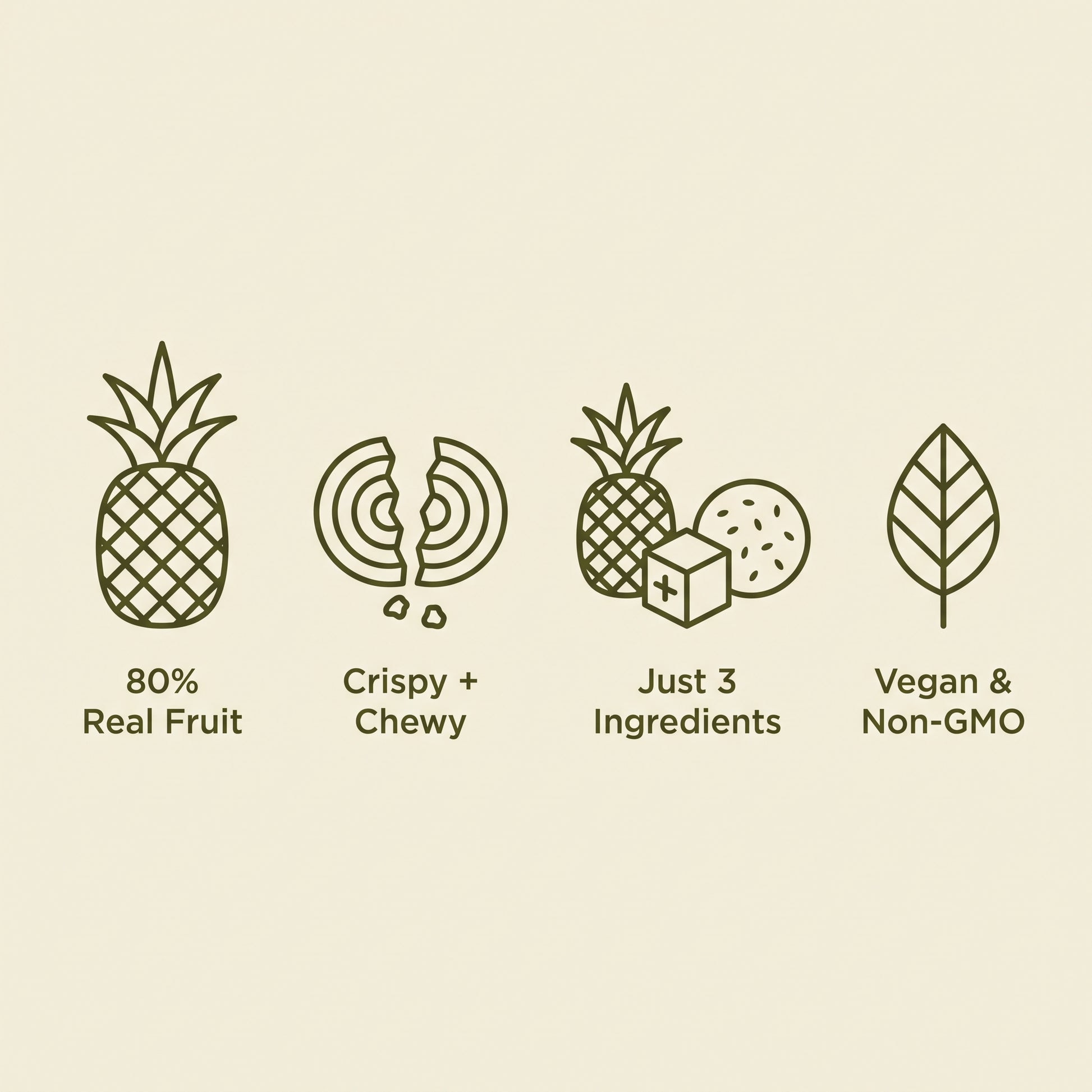 80% real fruit, crispy and chewy, just 3 ingredients, vegan and non-GMO
