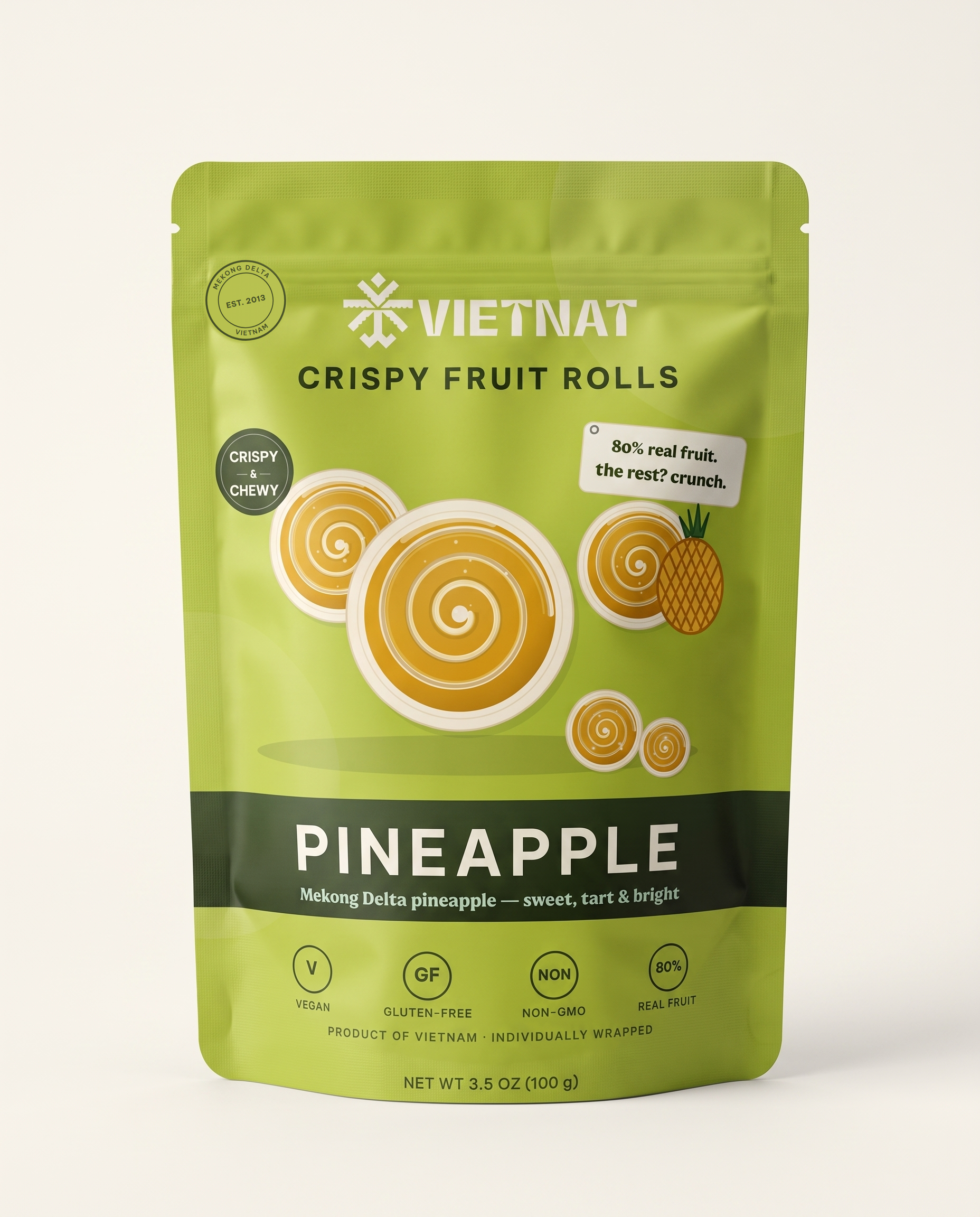 VietNat Crispy Pineapple Fruit Rolls 3.5 oz pouch, front