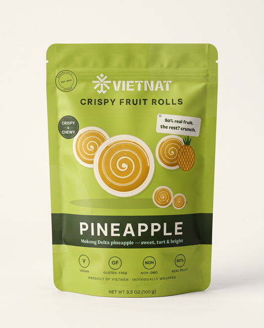 VietNat Crispy Pineapple Fruit Rolls 3.5 oz pouch, front
