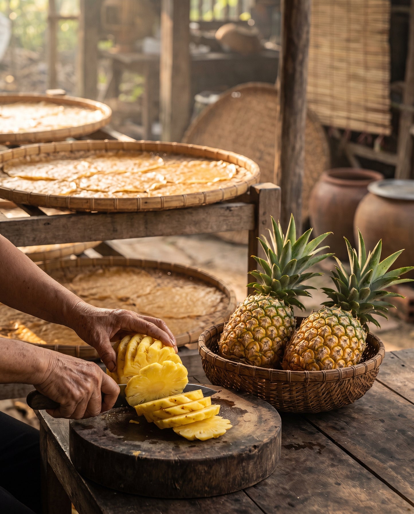 Slicing ripe pineapple beside bamboo drying trays in the Mekong Delta