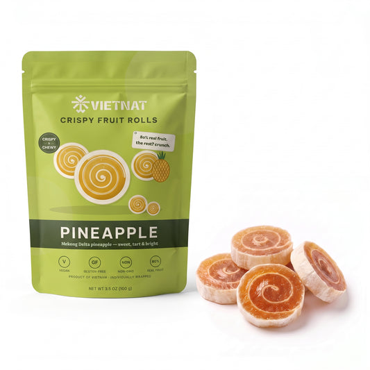 VietNat Crispy Pineapple Fruit Rolls pouch with bite-size pineapple rolls