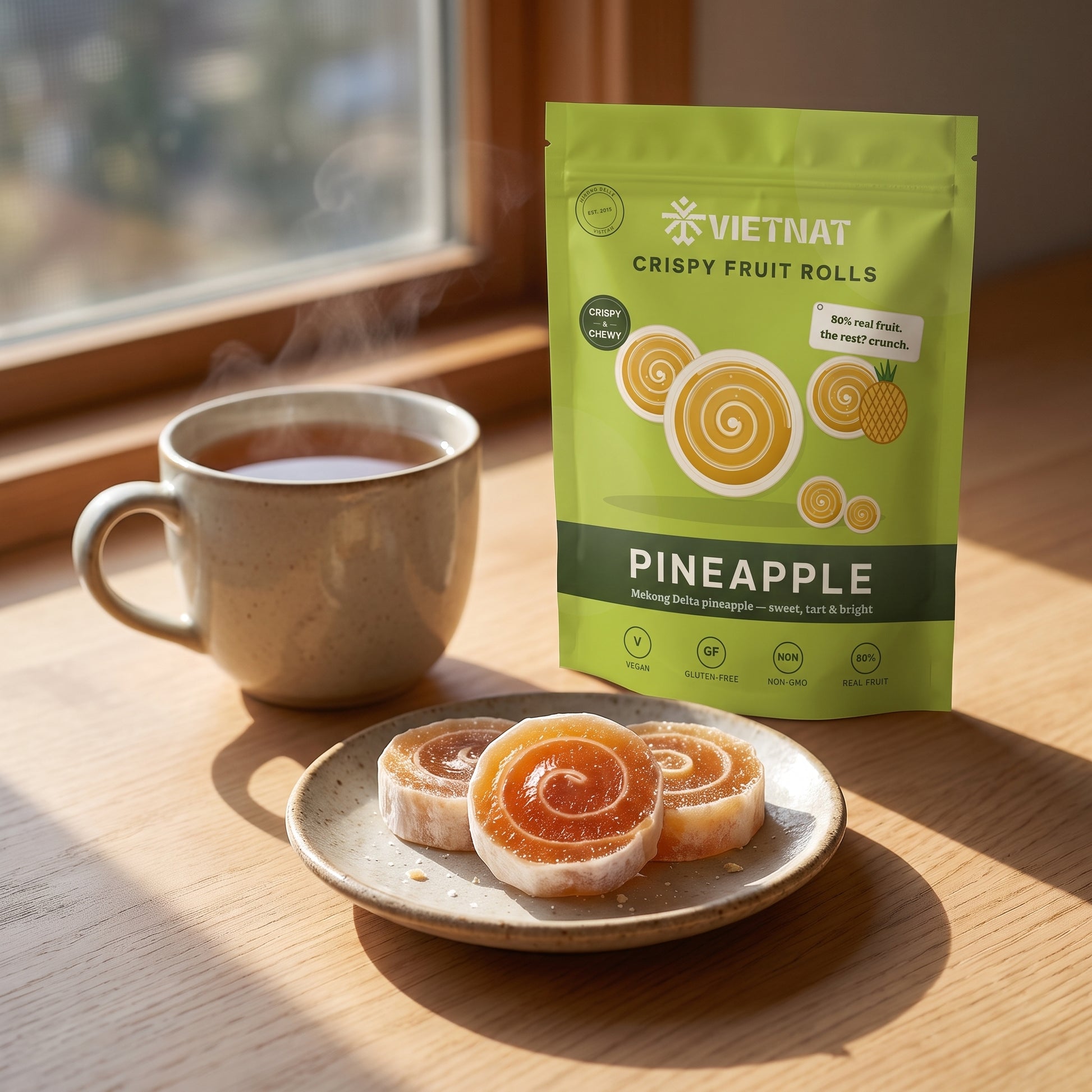 Bite-size crispy pineapple fruit rolls on a saucer beside a mug of hot tea