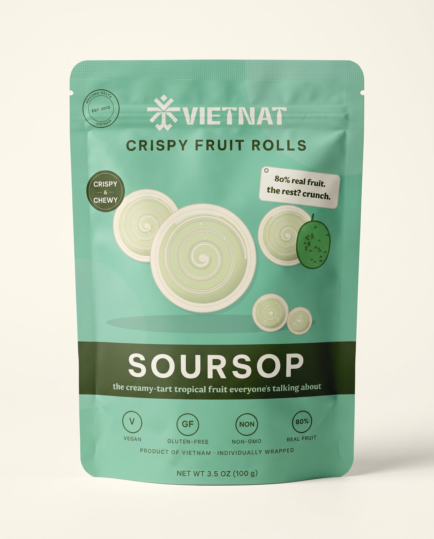 VietNat Crispy Soursop Fruit Rolls 3.5 oz pouch, front