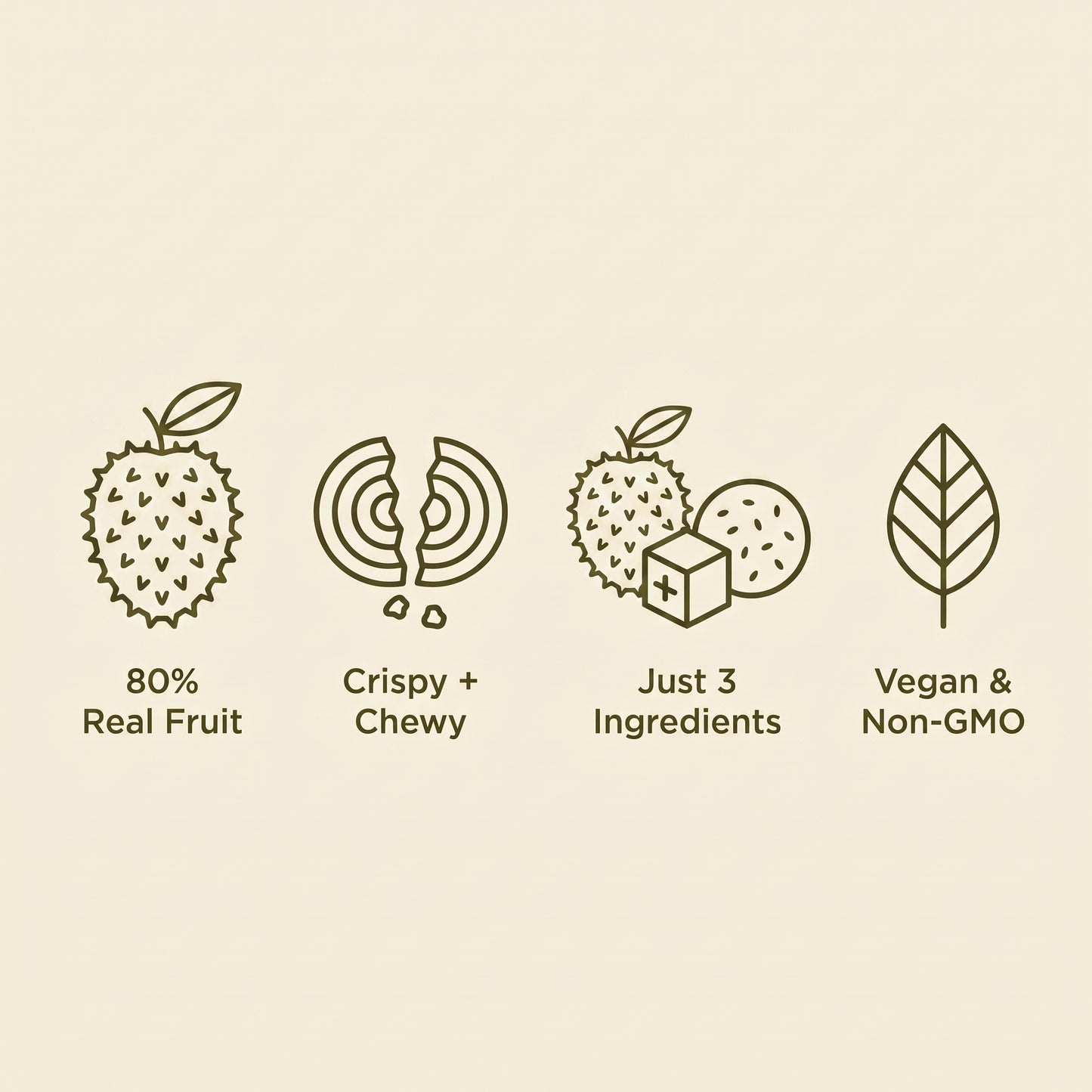 80% real fruit, crispy and chewy, just 3 ingredients, vegan and non-GMO