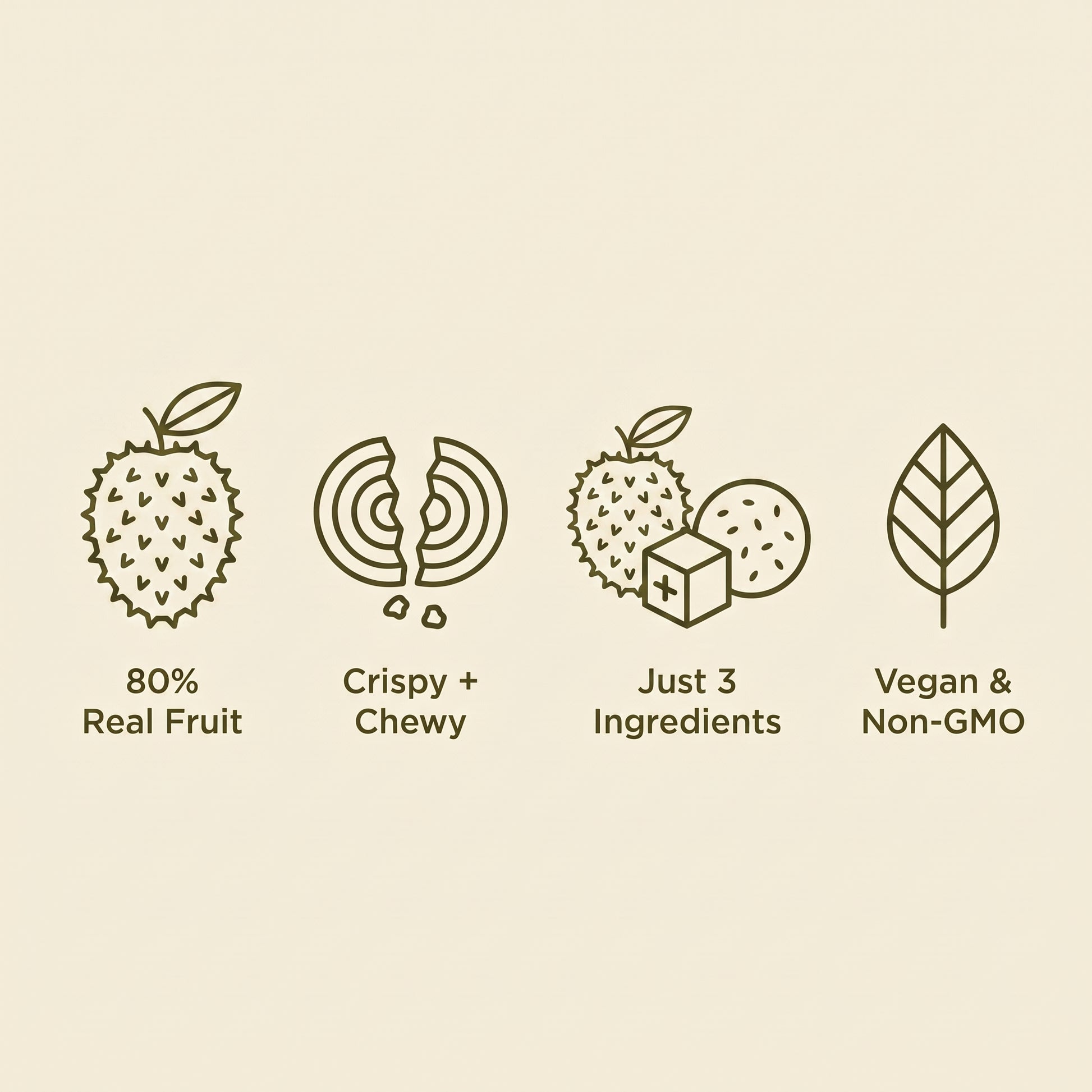 80% real fruit, crispy and chewy, just 3 ingredients, vegan and non-GMO