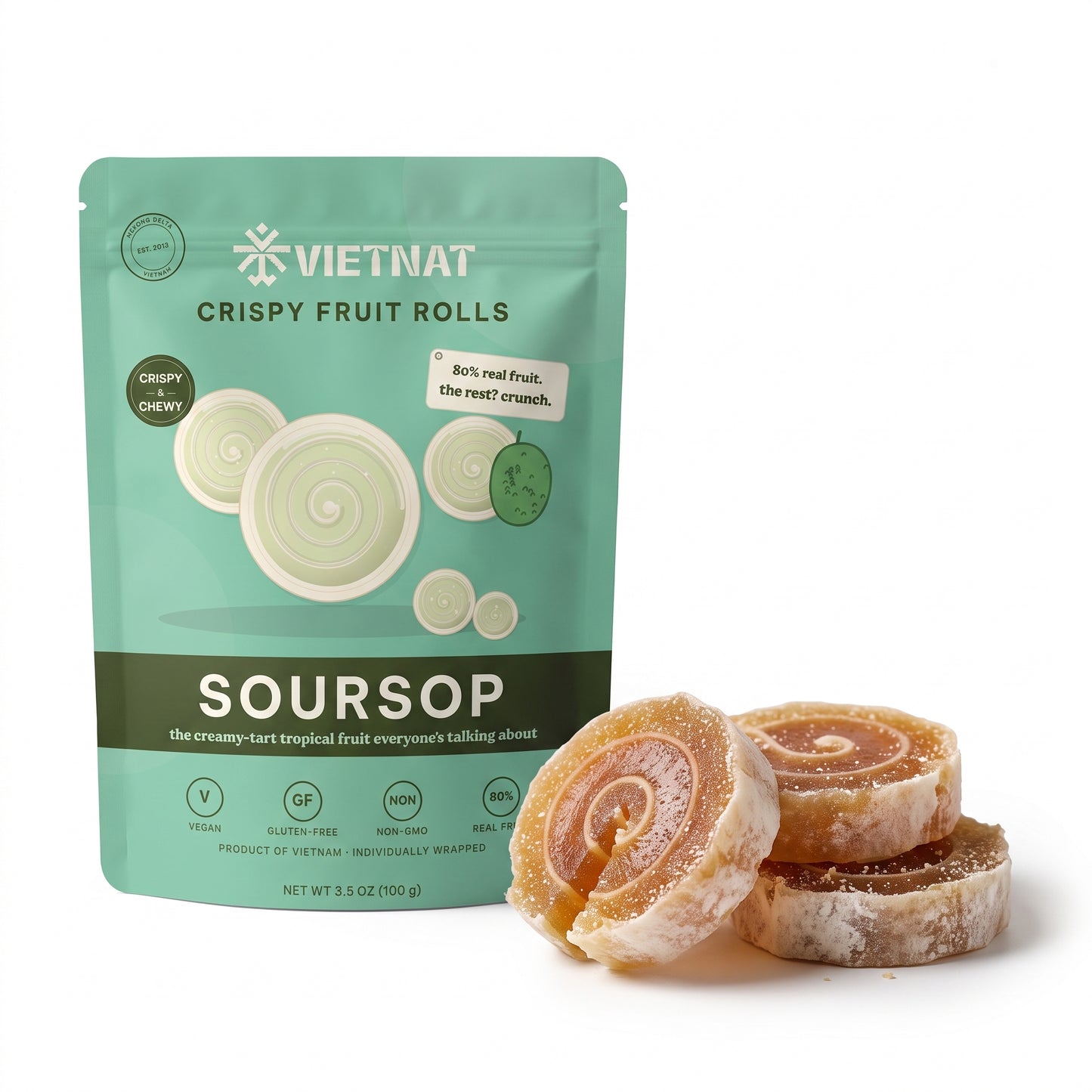VietNat Crispy Soursop Fruit Rolls pouch with bite-size soursop rolls