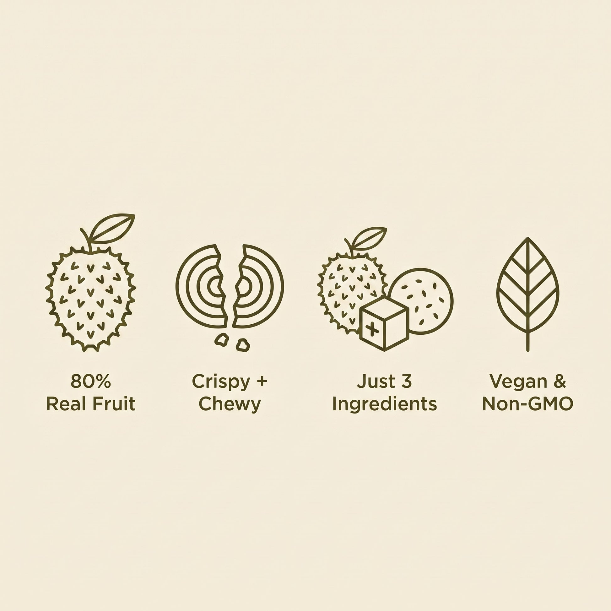 80% real fruit, crispy and chewy, 3 ingredients, vegan and non-GMO