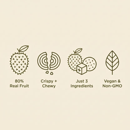 80% real fruit, crispy and chewy, 3 ingredients, vegan and non-GMO