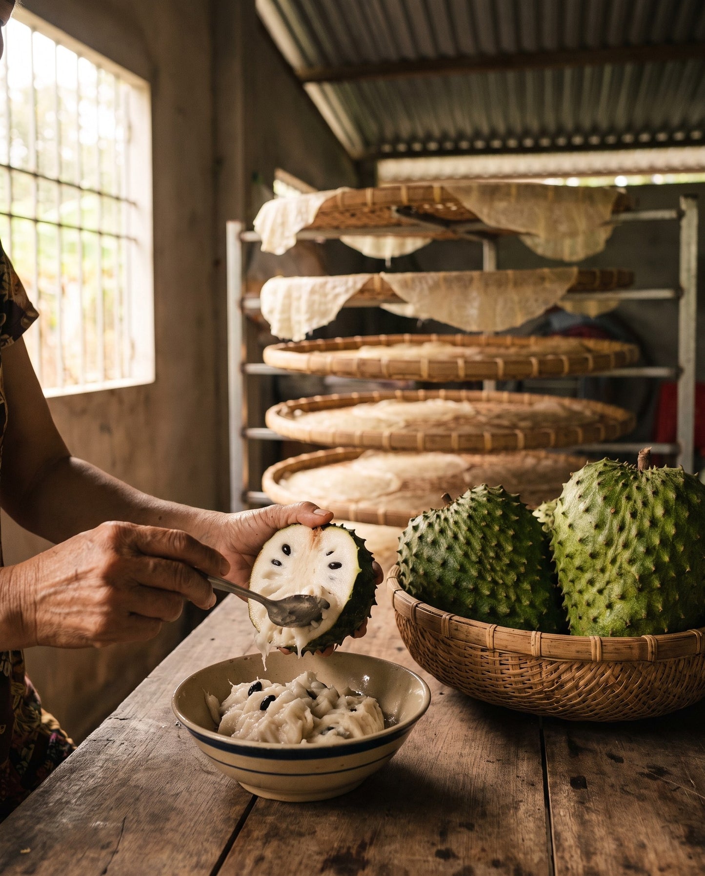 Soursop fruit and bamboo drying trays in the Mekong Delta