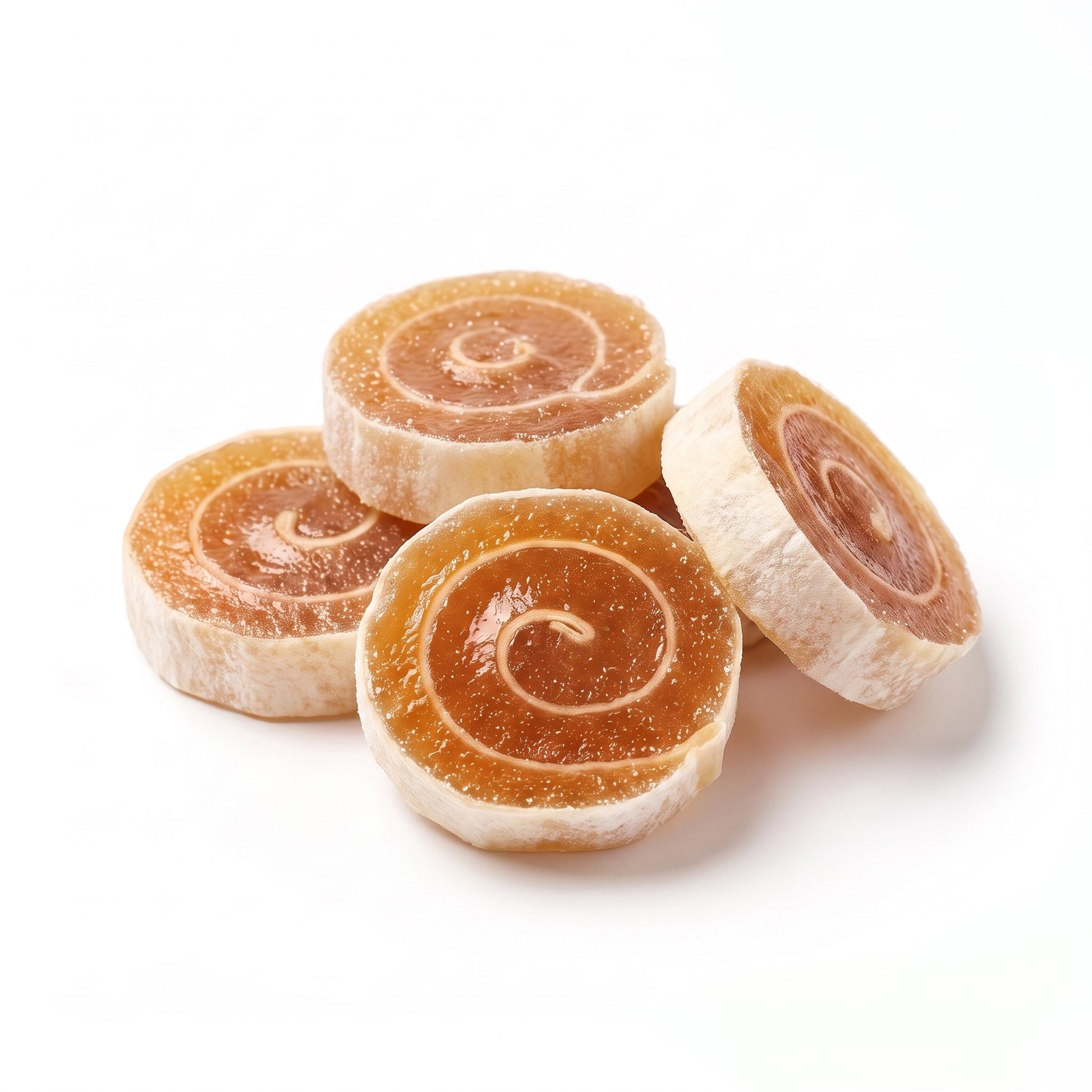 Crispy soursop fruit rolls on white showing the amber spiral