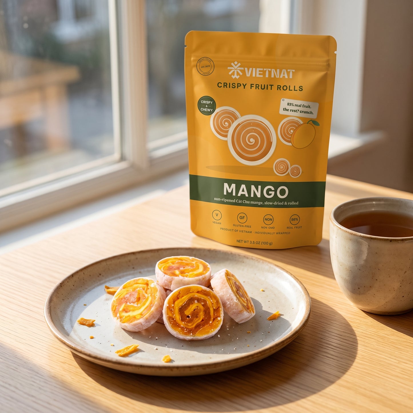 Crispy mango fruit rolls served with a cup of tea