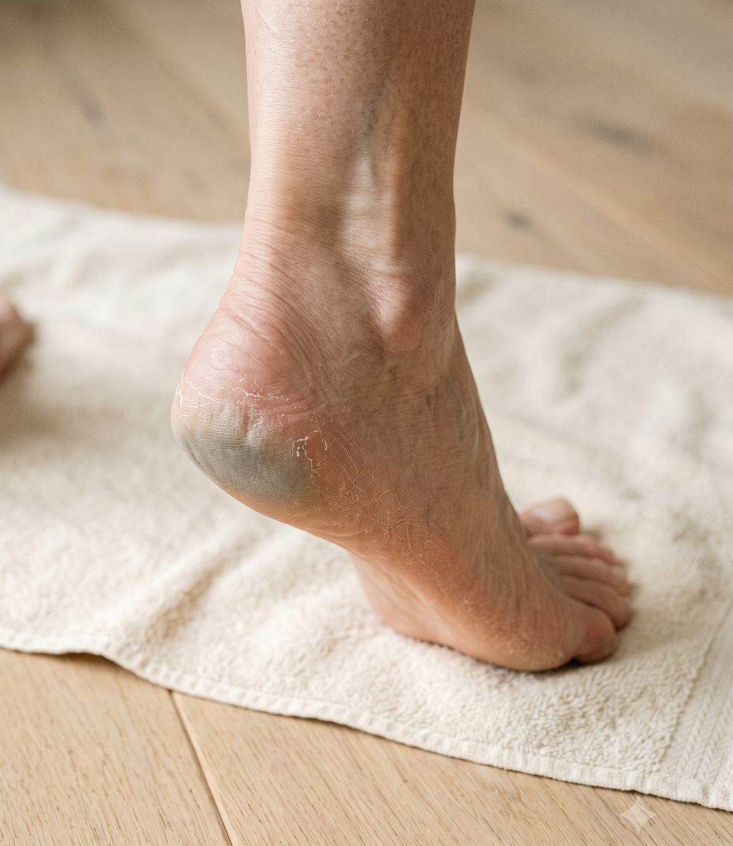 The TenderSole tube on the edge of a bed beside a folded pair of grey cotton socks