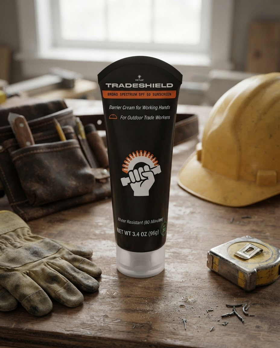 TradeShield on a workbench with leather gloves, hard hat and tape measure