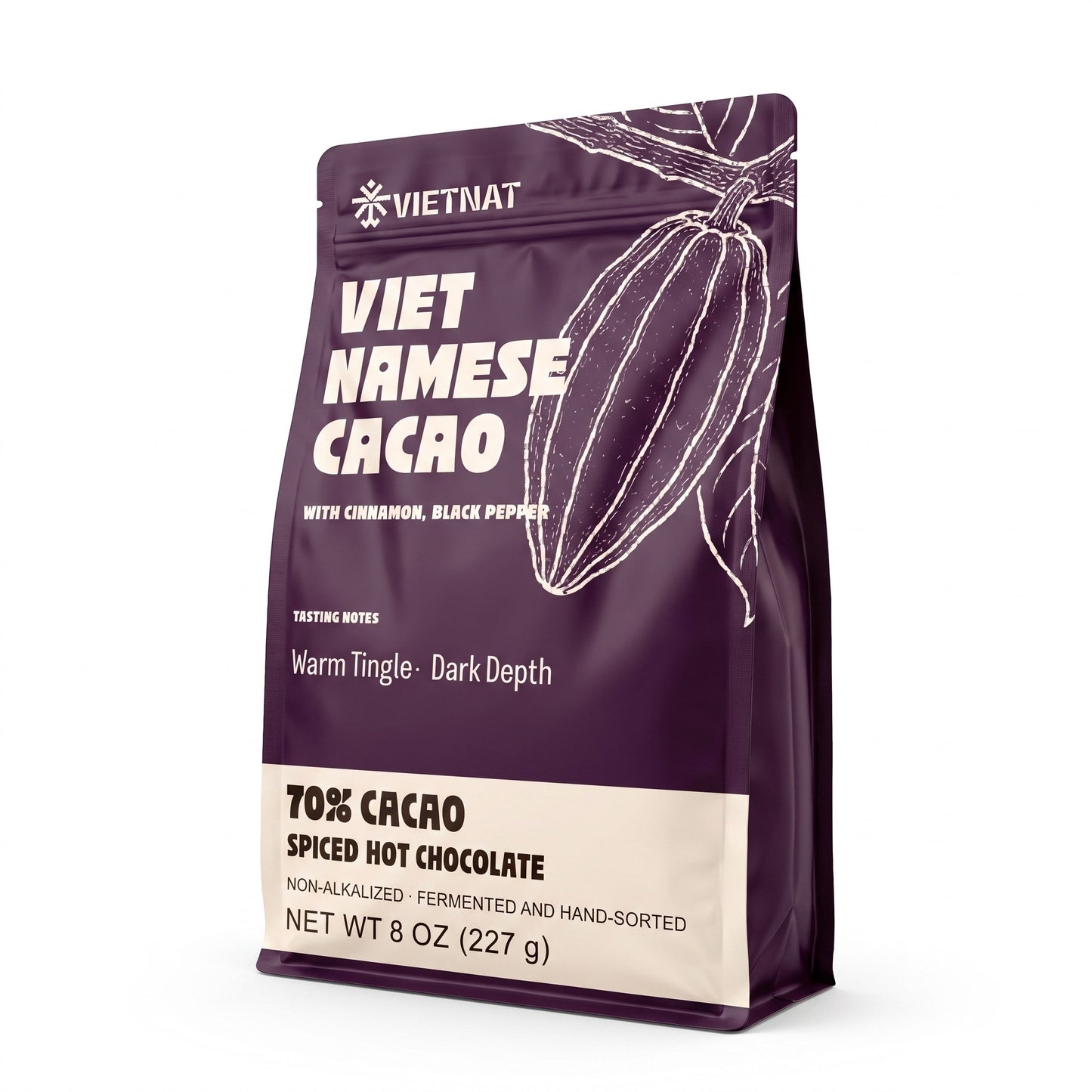 Vietnat Black Pepper and Cinnamon spiced hot chocolate pouch, 70% Vietnamese cacao, 8 oz (227 g)