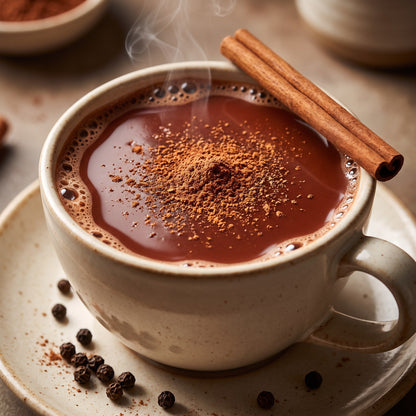 Close-up of a mug of thick drinking chocolate with a cinnamon quill and peppercorns beside it