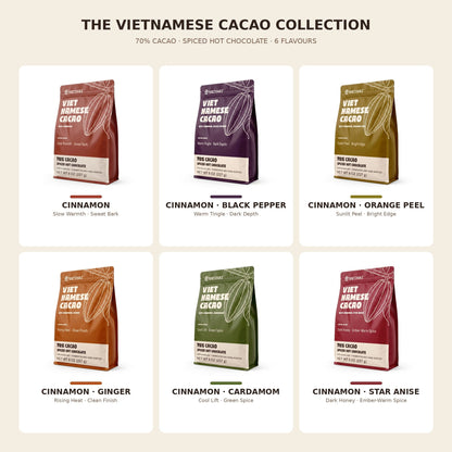 The Vietnamese Cacao collection: six 70% cacao spiced hot chocolate flavours