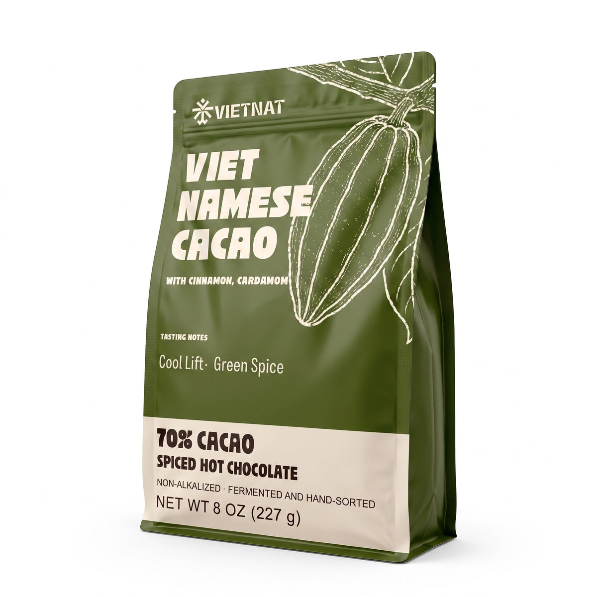 Vietnat Cardamom and Cinnamon spiced hot chocolate pouch, 70% Vietnamese cacao, 8 oz (227 g)