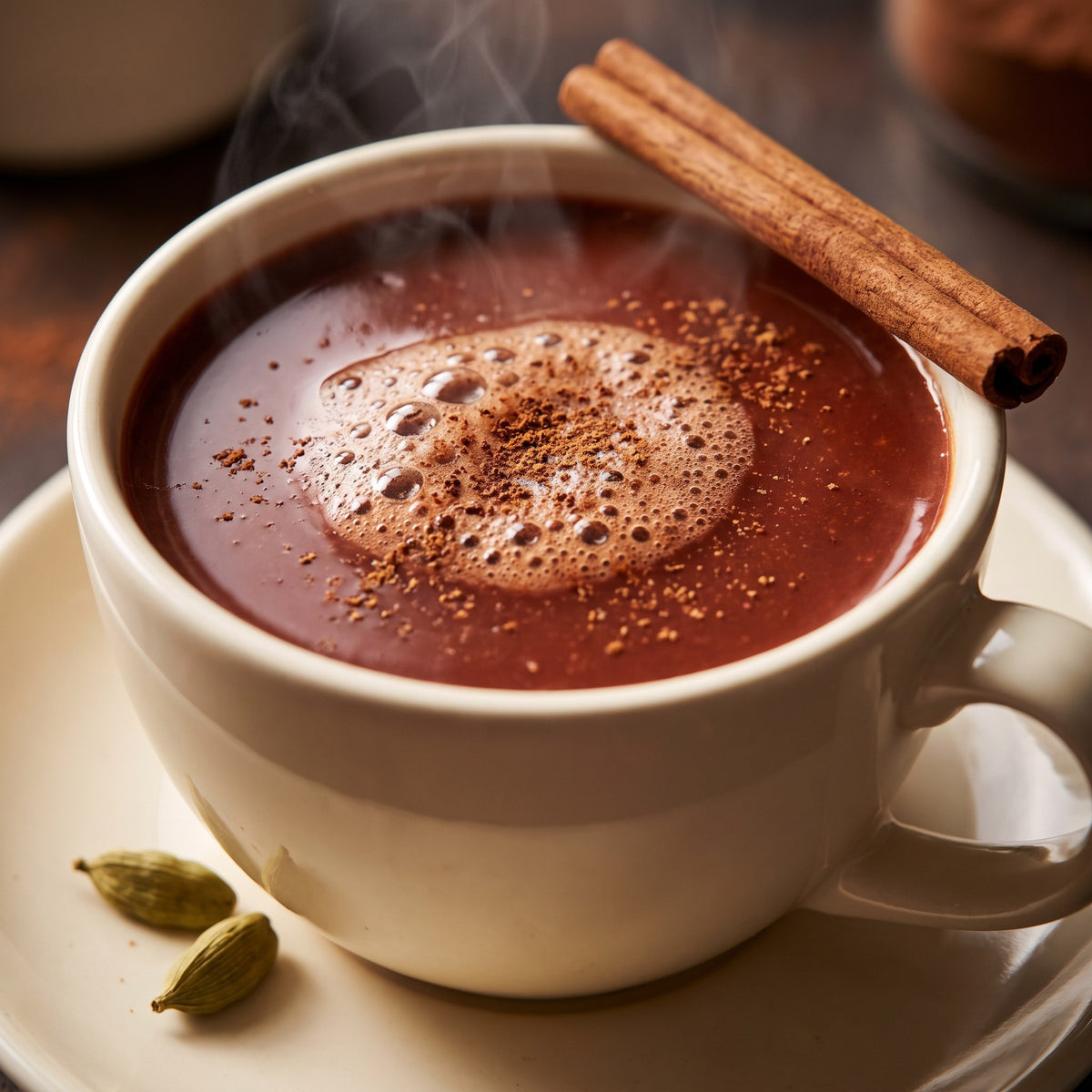 Close-up of a mug of thick drinking chocolate with a cinnamon quill and cardamom pods beside it