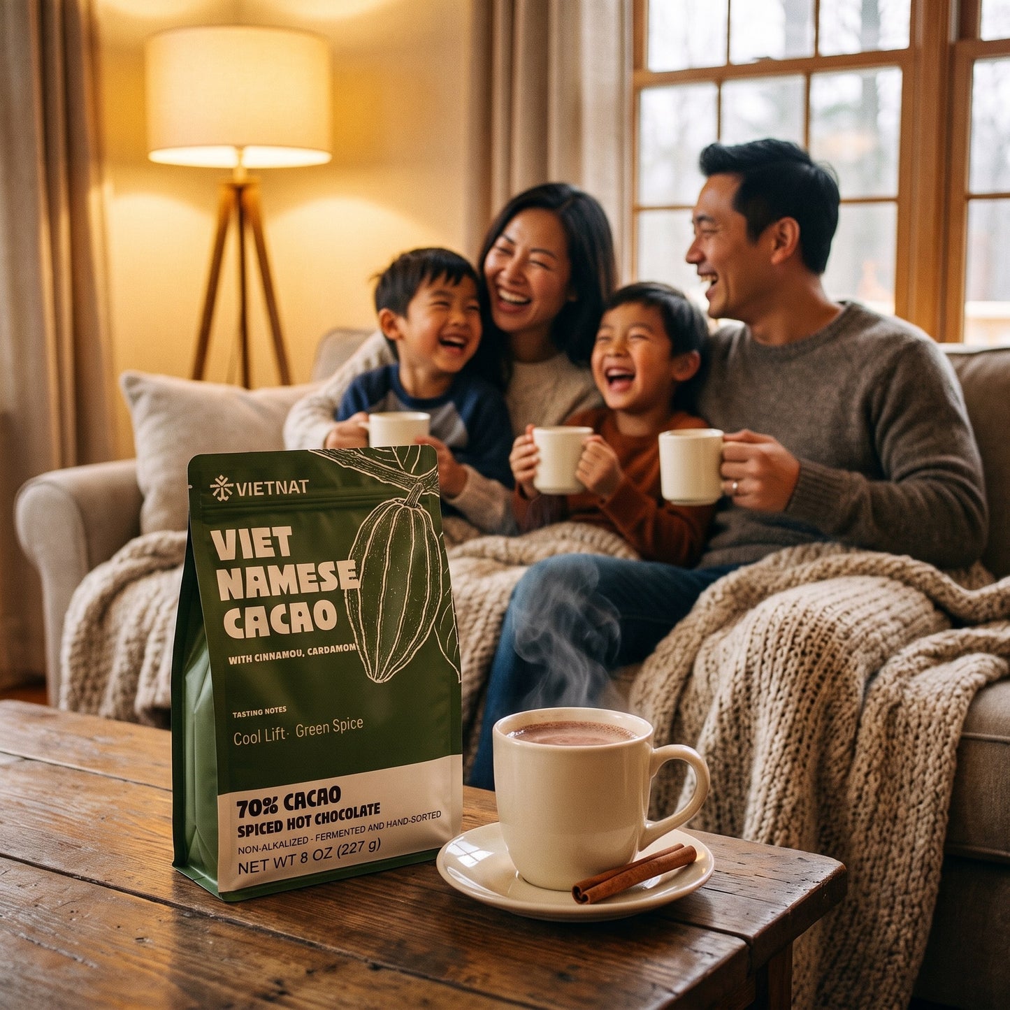 A family sharing mugs of drinking chocolate in the evening, the pouch on the table