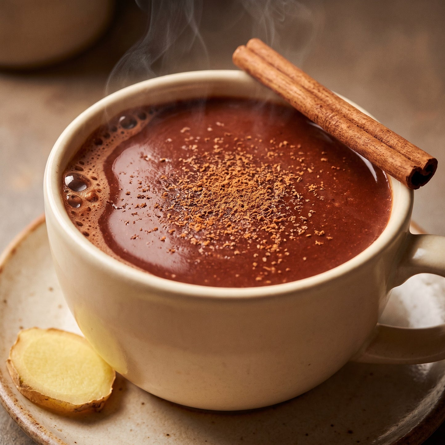 Close-up of a mug of thick drinking chocolate with a cinnamon quill and a slice of ginger beside it