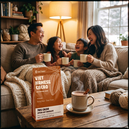 A family sharing mugs of drinking chocolate in the evening, the pouch on the table