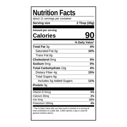 Nutrition Facts panel: 2 Tbsp (20 g) serving, 90 calories, 3 g fat, 12 g carbohydrate, 6 g total sugars, 3 g protein, 4 g fiber
