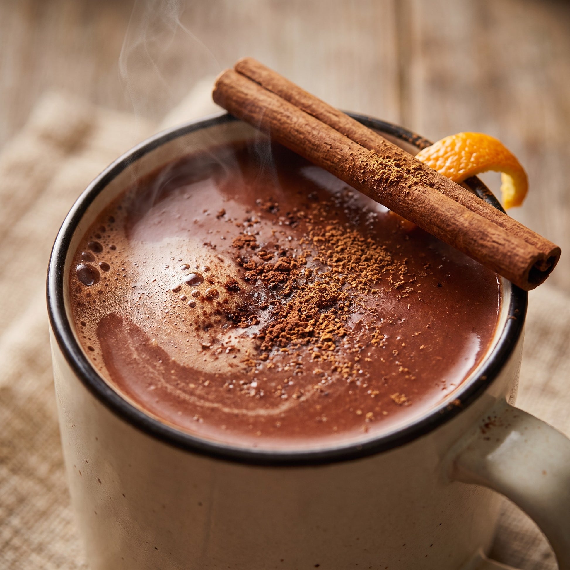 Close-up of a mug of thick drinking chocolate with a cinnamon quill and a curl of orange peel