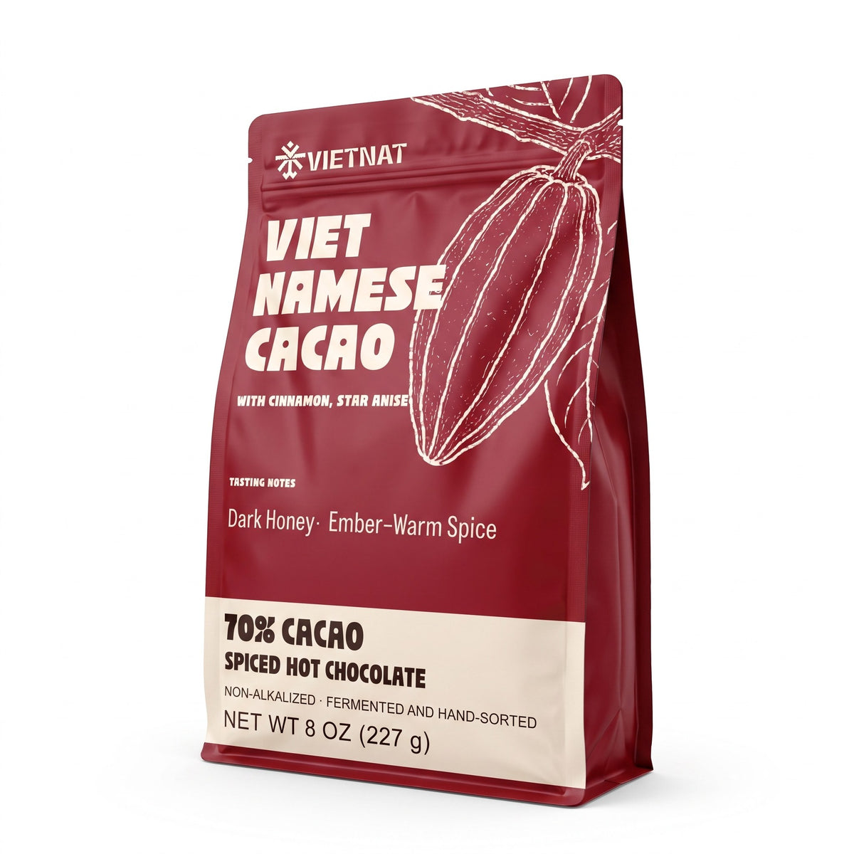 Vietnat Star Anise and Cinnamon spiced hot chocolate pouch, 70% Vietnamese cacao, 8 oz (227 g)