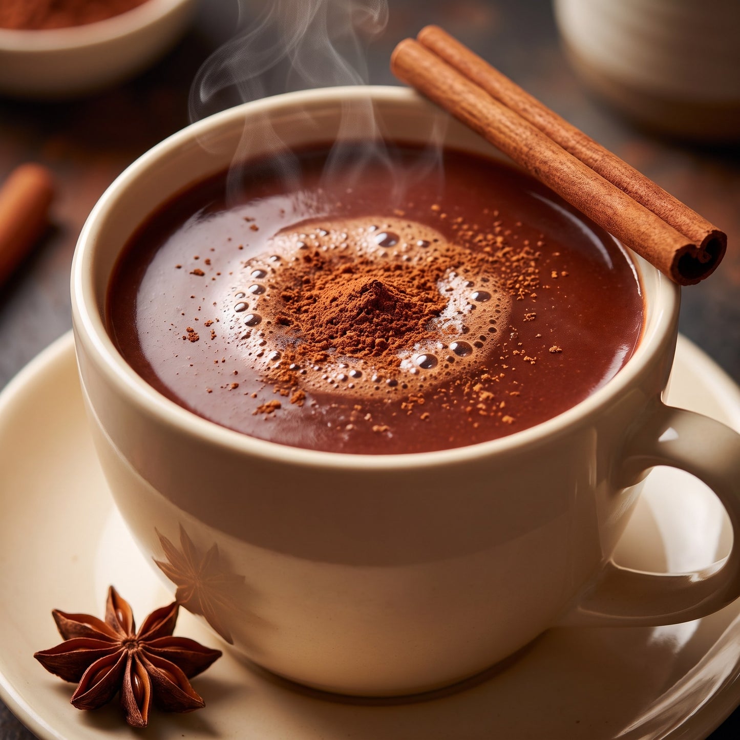 Close-up of a mug of thick drinking chocolate with a cinnamon quill resting on the rim