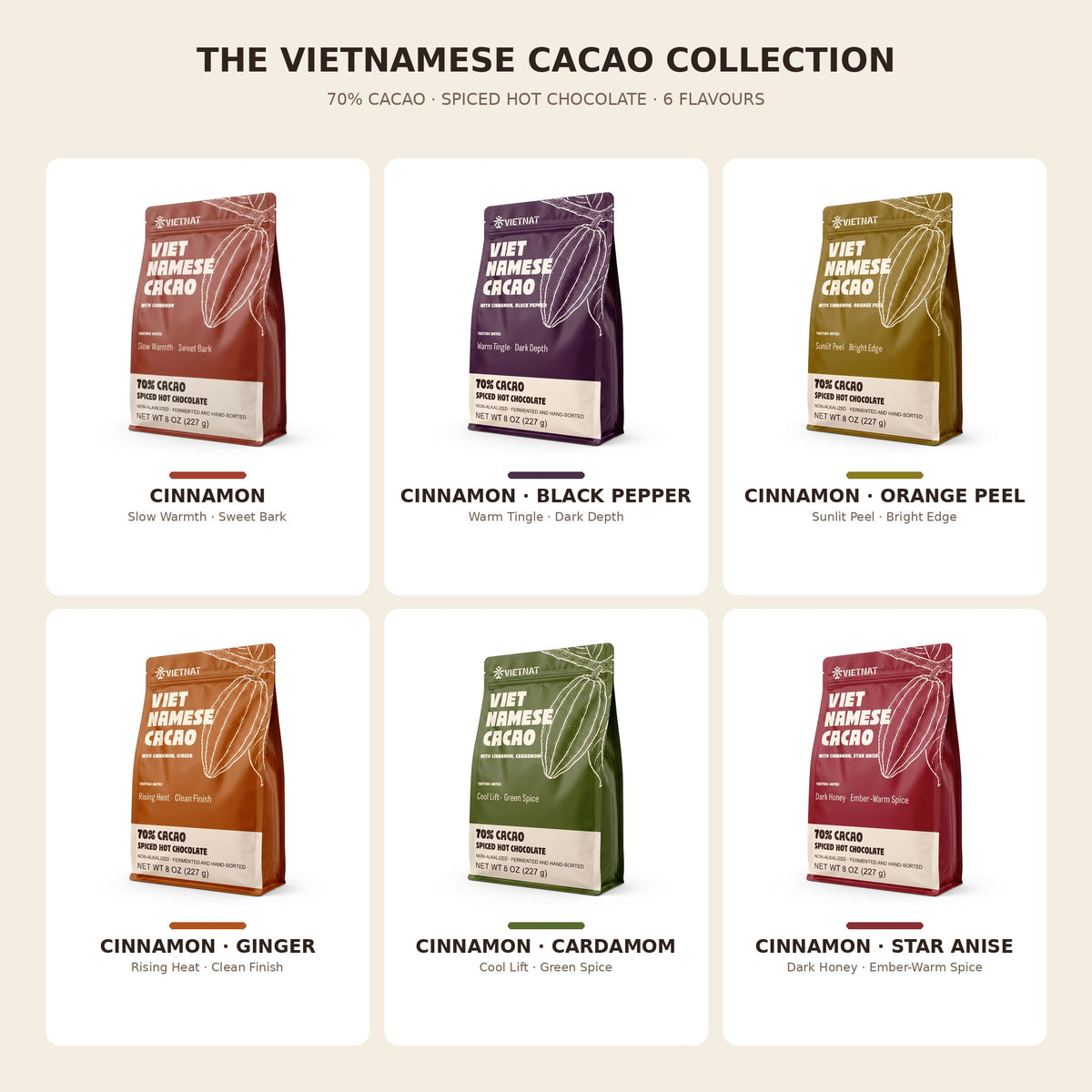The Vietnamese Cacao collection: six 70% cacao spiced hot chocolate flavours