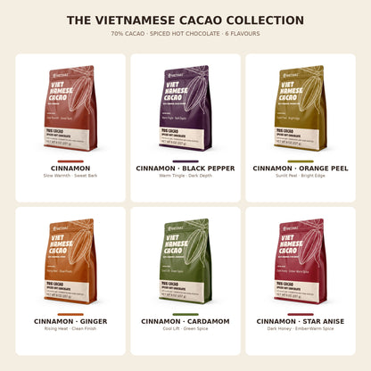 The Vietnamese Cacao collection: six 70% cacao spiced hot chocolate flavours