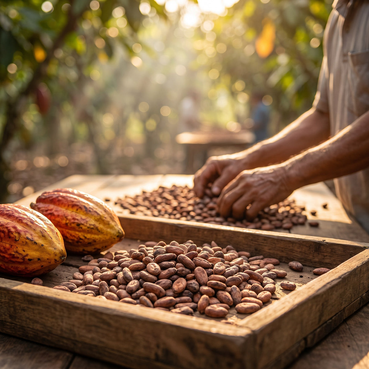 Cacao pods and beans drying in a wooden tray in the Vietnamese growing region