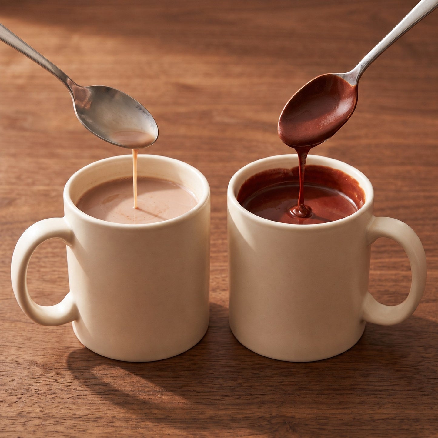 Two spoons compared: thin runny cocoa on the left, thick drinking chocolate that coats the spoon on the right