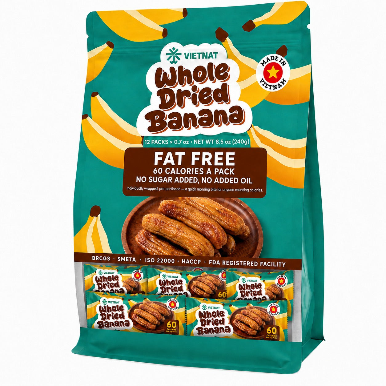 VietNat Whole Dried Banana bag, 12 packs of 0.7 oz, net weight 8.5 oz