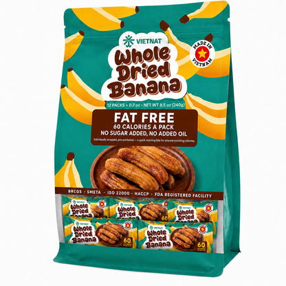 VietNat Whole Dried Banana bag, 12 packs of 0.7 oz, net weight 8.5 oz