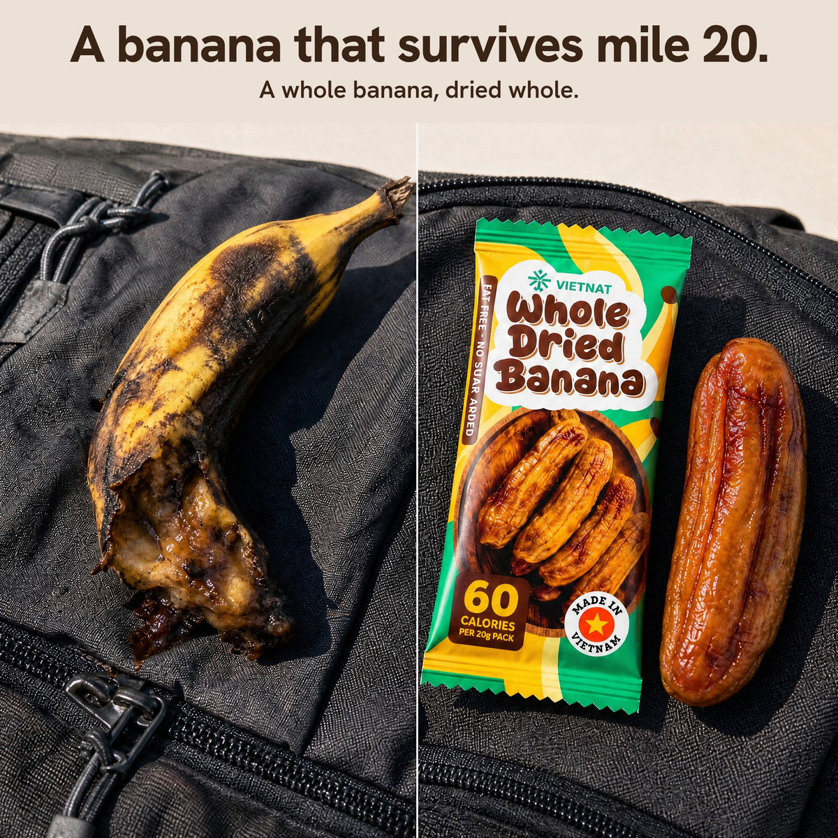 A banana that survives mile 20 - a whole banana, dried whole, next to a crushed fresh banana