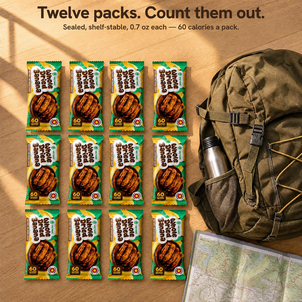 Twelve sealed 0.7 oz packs laid out beside a backpack and map